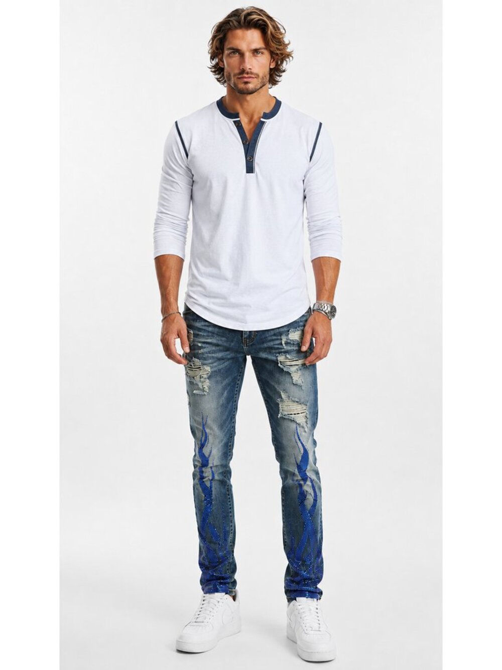 mens preme straight jeans 40x34 nwt med distressed w blue rhinestone flames